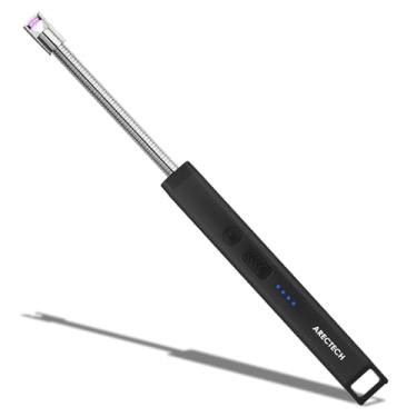 Imagem de ARECTECH Isqueiro de vela isqueiro elétrico recarregável isqueiros de arco USB para vela acampamento fogos de artifício de Natal com luz LED para homens mulheres preto