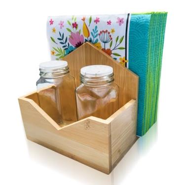 Imagem de Porta-guardanapos com um compartimento conveniente para sal e pimenta, vem com 2 garrafas de sal e pimenteiro, porta-guardanapos para mesa, porta-guardanapos para guardanapos de papel (bambu)