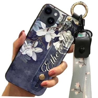 Imagem de 1 peça de tiras de suporte de pulso impressas em flor TPU silicone gel capa traseira para Apple iPhone 15 Plus (6,7 polegadas) (flor superior)