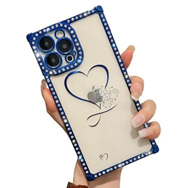 Imagem de Kerzzil Linda capa quadrada compatível com iPhone 13 Pro Max Diamond Slim Clear Case, Bling Glitter Strass Gold Plated Love Heart Pattern Capa protetora à prova de choque para mulheres meninas (azul)
