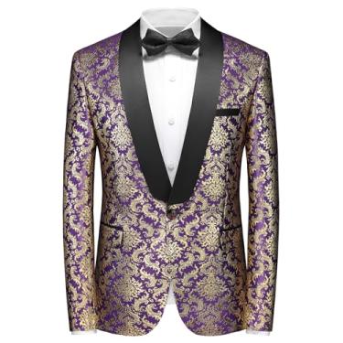 Imagem de Rogers & Morris Casaco masculino xale smoking blazer floral estampa barroca casaco social, Roxa, XX-Large