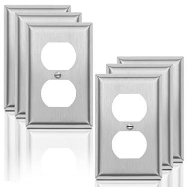 Imagem de ANTEER Receptáculo duplex 1 gangue decorador placa de parede de metal tampa de tomada de interruptor de aço inoxidável, acabamento escovado, prata (pacote com 6, duplex)