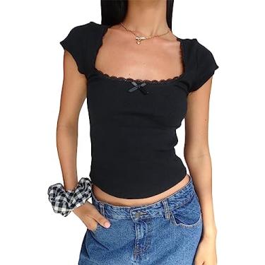 Imagem de Camiseta feminina Y2k gola quadrada manga curta decote renda sexy cor sólida camisetas de verão, 01 - preto liso, P