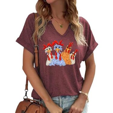 Imagem de Camiseta feminina divertida com estampa de galinha, gola V, manga curta, estampa de animal fofo, Vermelho - 4, M
