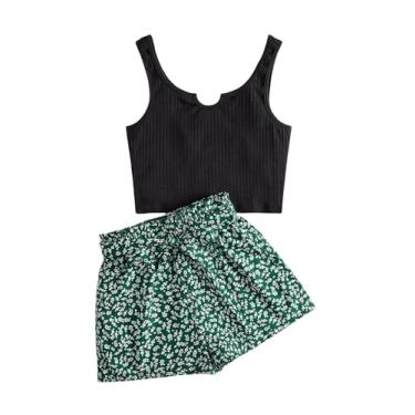Imagem de Floerns Conjunto de 2 peças de camiseta regata de malha canelada entalhada e shorts com cinto com estampa floral, Preto e verde, 10-11 Anos