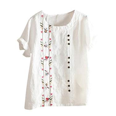 Imagem de Camisetas femininas de linho, estampa floral, manga curta, gola redonda, botões, caimento solto, casual, túnica, Branco, G