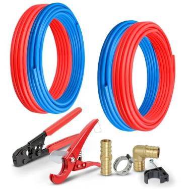Imagem de Pexflow PXKT1001234 Kit de iniciante Pex - ferramenta de crimpagem e corte, encaixe de cotovelo e acoplamento de 1/2 polegadas + 3/4 polegadas, braçadeira de 1/2 polegadas + 3/4 polegadas, meia