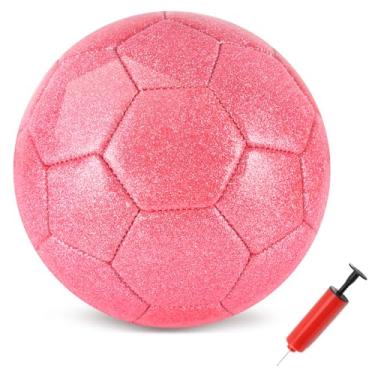 Imagem de DLUGOPIS Bola de futebol rosa com glitter tamanho 4 com conjuntos de bomba de ar para crianças de 4 a 8 a 12 anos, presentes para meninos e meninas, jovens, presentes ao ar livre