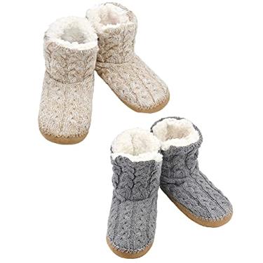 Imagem de Panda Bros Meias femininas com garras, botas femininas felpudas com parte inferior antiderrapante, chinelos aconchegantes para casa, Trigo e cinza, 5-7.5