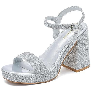 Imagem de Gufobela Sandálias plataforma femininas modernas de salto grosso, bico aberto, salto alto, festa de casamento, formatura, verão, tira no tornozelo, sapato social, Glitter prata, 35