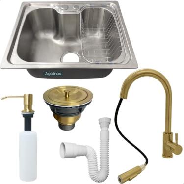 Imagem de Dona D Cor, Kit Cuba Cozinha Gourmet Inox 304 50x40 Com Torneira Monocomando Dourada Porta Detergente 500ml Valvula E Sifão Flexivel Universal Pia Cozinha 5 Peças