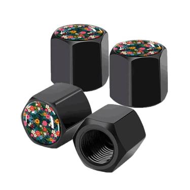 Imagem de Pacote com 4 tampas de haste de válvula de pneu, tampas de haste de roda de carro, tampas de válvula de ar de alumínio, ajuste universal para carros, SUVs, caminhões, bicicletas e motocicletas (floral
