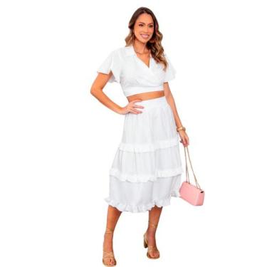 Imagem de Conjunto feminino blusa e saia midi com babados em crepe com forro rom