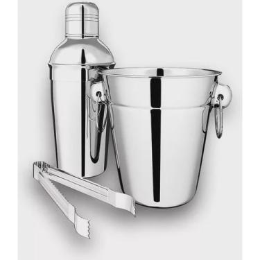 Imagem de Jogo Bar 3 Peças Coqueteleira Balde Pinça Aço Inox saldão.
