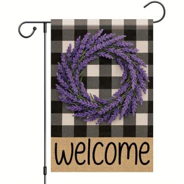 Imagem de Starlit Patio Guirlanda de boas-vindas xadrez búfalo bandeira de jardim lavanda 12x18 dupla face rústica decoração ao ar livre para primavera verão varanda pátio pátio gramado fazenda férias quintal