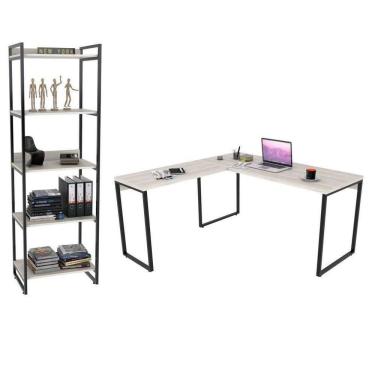 Imagem de Conjunto Escritório Estilo Industrial Mesa 150x150cm E Estante 60cm 5 Prateleiras