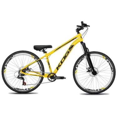 Imagem de Bicicleta Aro 26 Rebaixada Freeride para Grau, Quadro em Alumínio, Relação 1x7, Aros Vmaxx Coloridos, Pedivela 34D, Suspensão 80mm,Amarelo Preto Branco