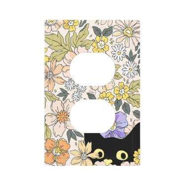 Imagem de JIEXUTE Engraçado, Fofo, Preto, Desenho Animado, Gato, Primavera, Verde, Floral, Flor, Meninas, Meninos, Crianças, Gatinho, 1 Grupo, Duplex, Tomada De Parede, Placa Elétrica, Decorativo, Interruptor