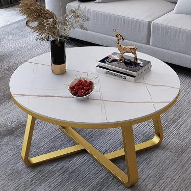Imagem de Mesa de café redonda, mesa de extremidade de ardósia de sotaque moderno, mesa de sofá, mesa final para pequenos espaços, estrutura de metal resistente, montagem fácil, para o escritório da v