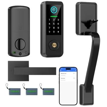 Imagem de Fechadura de porta de entrada inteligente sem chave com alça – Fechadura Bluetooth para porta frontal com impressão digital, controle de aplicativo e teclado, compatível com Alexa, preto fosco
