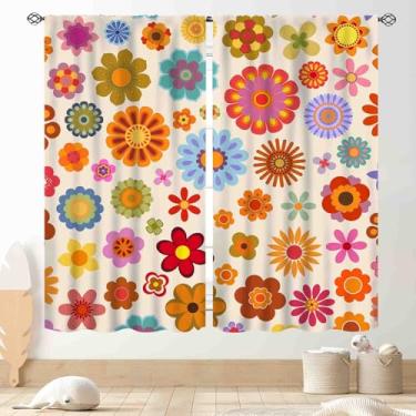 Imagem de Cortinas florais Boho anos 70, retrô, abstrata, hippie, descolada, colorida, brilhante, tríplice para quarto, sala de estar, cozinha, banheiro, janela, 2 painéis, 107 x 114 cm