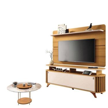 Imagem de Rack Bancada Alba Com Painel Curv Com Mesa De Centro Sky Com Tampo De Vidro Cinamomo Off White - Hb Móveis