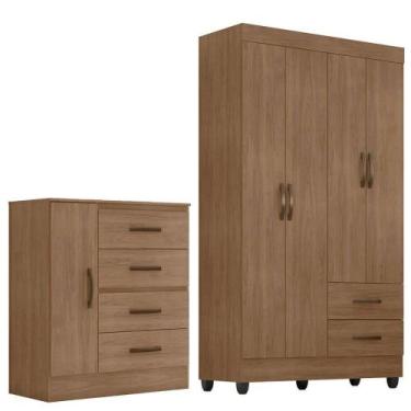 Imagem de Kit Guarda-roupa Solteiro 4 Portas Com Cômoda Sapateira Lisa Carvalho 