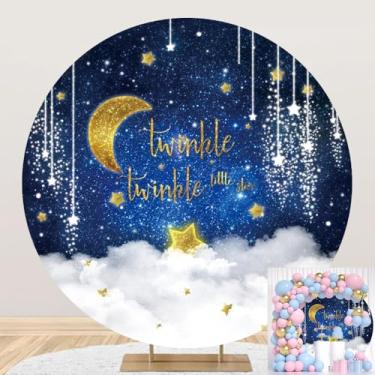 Imagem de Capa de fundo redonda Twinkle Twinkle Little Star tema universo nuvem branca lua estrelada noite lua estrelas para doce chá de bebê, menino ou menina, decoração de festa revelação de gênero, adereços