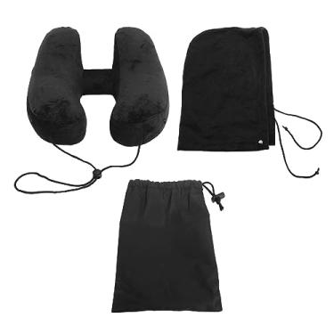 Imagem de Travesseiro de viagem inflável H em forma de destacável e lavável preenchimento rápido com sacola de armazenamento e travesseiro de avião para o pescoço para o queixo da cabeça do (Preto)