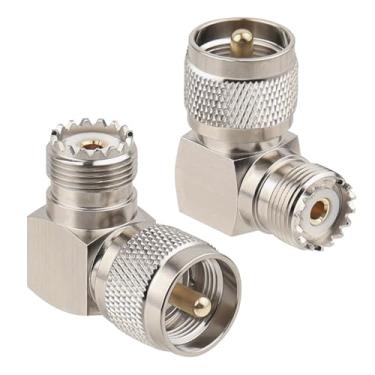 Imagem de Adaptador UHF macho para UHF fêmea de ângulo reto (pacote com 2) – Conector PL-259 para SO-239 de 90 graus, adaptador de cotovelo coaxial RF, impedância de 50 Ohm para rádio CB/amador, antenas