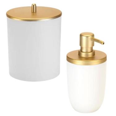 Imagem de KIT BANHEIRO COZINHA ARTHI porta sabonete e lixeira, Branco/Dourado