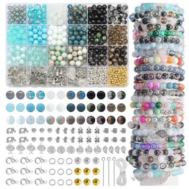Imagem de KINGSHINE Contas de vidro de 8 mm, 18 cores para fabricação de joias, kit de fabricação de pulseiras de pingentes de 810 peças - Cristal/rachadura/pedra/ouro e prata contas espaçadoras para adultos