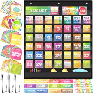 Imagem de Feifeiya Calendário de sala de aula com 134 peças, calendário mensal e gráfico de bolso preto com cartões educativos para aprendizado de professores, crianças, pré-escola, material escolar (estilo