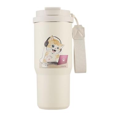 Imagem de Funkrin Caneca de viagem de café com canudo e tampa flip, copo isolado de 680 g com revestimento de cerâmica, caneca de viagem à prova de vazamento de parede dupla à prova de vazamento para escritório
