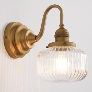 Imagem de Teqinchy Arandelas de parede douradas, luminária vintage para banheiro com vidro transparente soprando à mão minimalista lâmpada montada na parede de latão para espelho de banheiro sala de estar