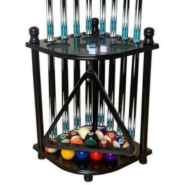 Imagem de GACCO BILLIARDS Suporte para tacos de piscina de chão para 8 tacos e acessórios de bilhar. Suporte de canto para taco de piscina feito de 100% madeira maciça Gancho de rack de bola fornecido. Apenas rack de taco (preto)