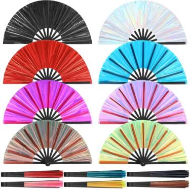 Imagem de Weysat 8 pacotes grandes de leques de rave dobráveis para dança em linha, 33 cm de tecido multicolorido, ventiladores de mão para homens/mulheres, botas no chão, adereços dobráveis para decoração de
