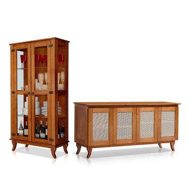 Imagem de Conjunto Cristaleira com Buffet 4 Portas em Madeira Maciça Acabamento Premium Castanho