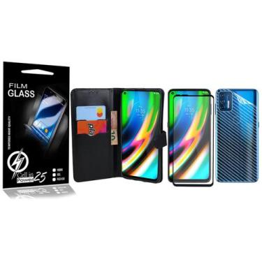 Imagem de Carteira Preta + Skin Carbono + Vidro 3d + Moto G9 Plus XT2087 6.8 - C