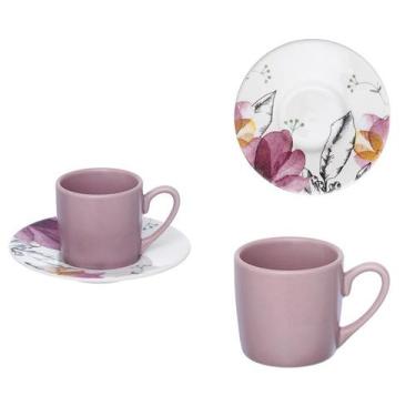 Imagem de Xícara de Café com Pires Rosas Flores em Porcelana 80ml - Hauskraft