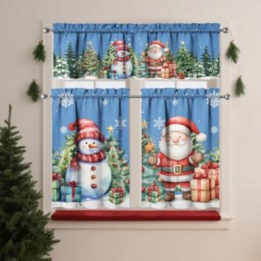 Imagem de QXWREL Conjunto de cortinas de cozinha de Natal para janelas azul boneco de neve de Natal Papai Noel cortina pia janela conjunto 3 peças decoração cozinha camadas cortinas 3 painéis para sala de estar