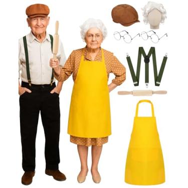 Imagem de Mepase 7 peças de acessórios de fantasia de casal de vovô e vovó de Halloween, incluindo avental amarelo, óculos redondos, chapéu de jornaleiro, suspensórios com rolo de madeira para adultos, roupas
