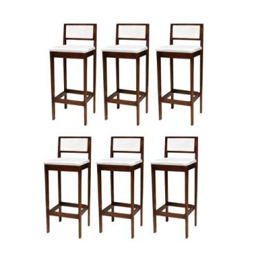 Imagem de Kit 6 Banqueta Alta de Madeira com Assento em Linho Cinza e Encosto em