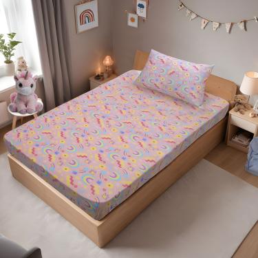 Imagem de Jogo de Cama Solteiro Portallar Malha Misto Estampado Rainbow 2 Pçs com Elástico Rosa