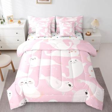 Imagem de Homewish Conjunto de edredom infantil fofo de desenho animado, tamanho Queen, tamanho Queen, kawaii, animal marinho rosa e branco, jogo de cama com edredom colorido, lençol e fronha