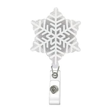 Imagem de Carretel de crachá de Natal bonito suporte de crachá de floco de neve clipe retrátil branco brilhante brilhante carretéis de crachá para enfermeira médica, cartão de identificação de Natal, etiqueta