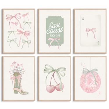 Imagem de Arte de parede com laço rosa coquete impressões em tela decoração de parede de dormitório feminino pôster estético elegante botas de sálvia Gree imagens na moda pintura fofa disco cereja arte para