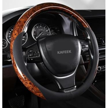 Imagem de KAFEEK Capa de volante para Ford F150 F250 F350 Ram 4Runner Tacoma Tundra Range Rover, capa de volante de grão de madeira para carro masculino e feminino, 39,4-40,6 cm, antiderrapante, preta