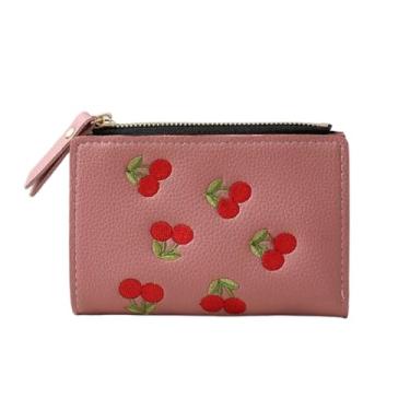Imagem de Carteira feminina compacta curta bordada de cereja vertical, minimalista, casual, pequena, porta-moedas, resistente à água, leve, presente para namorada