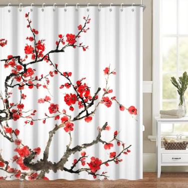 Imagem de Cortina de chuveiro floral asiática linda flor de ameixa vermelha cortinas de chuveiro pintura de tinta tradicional chinesa conjunto de flores conjunto de banheiro lavável tecido de poliéster